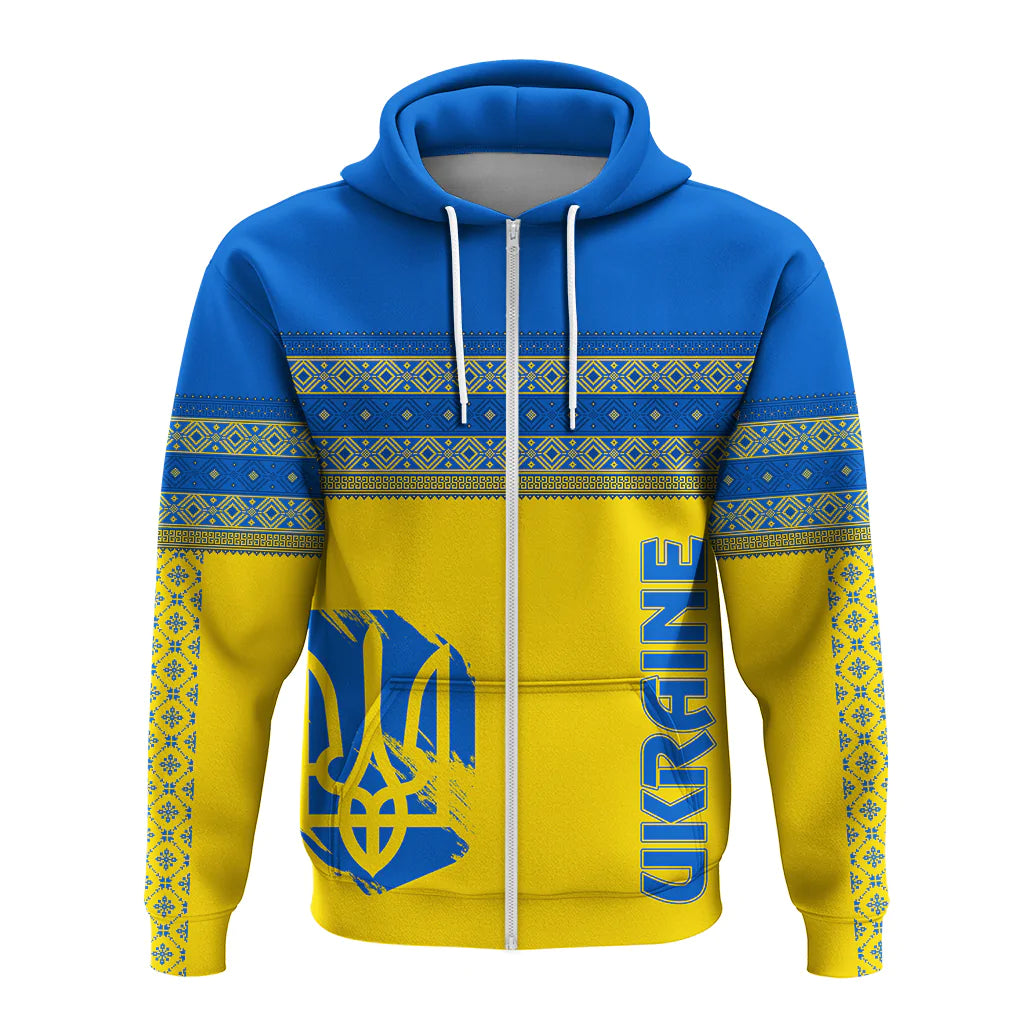 Zip hoodie in blue and yellow with folk stripe band and Unity Day emblem