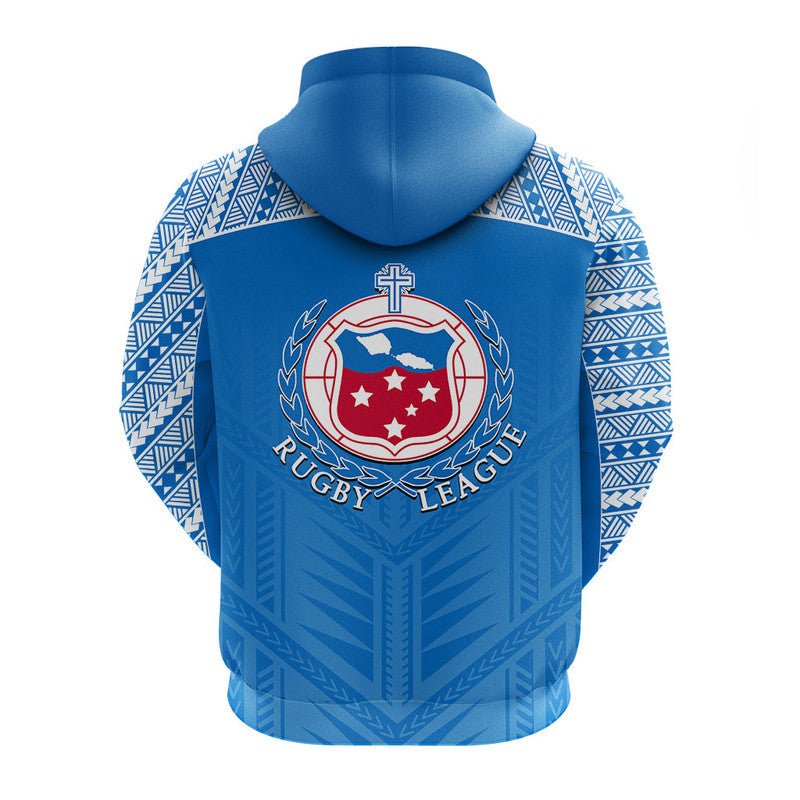 Blue rugby jersey hoodie back with Rugby League crest and patterned sleeves.
