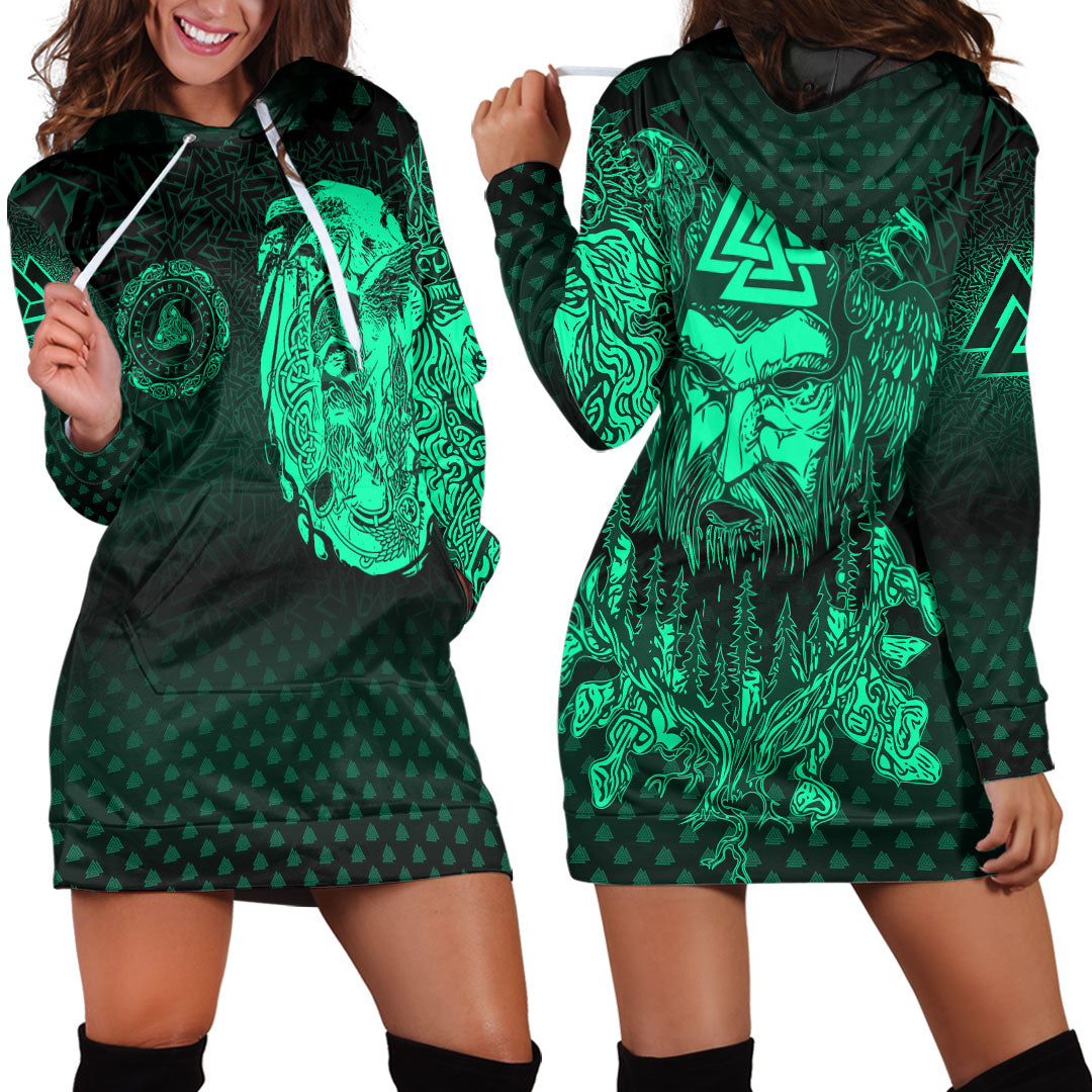 Viking Clothing Viking Odin Raven Tattoo Style Green Version Hoodie Dress RLT12 - Wonder Print Shop