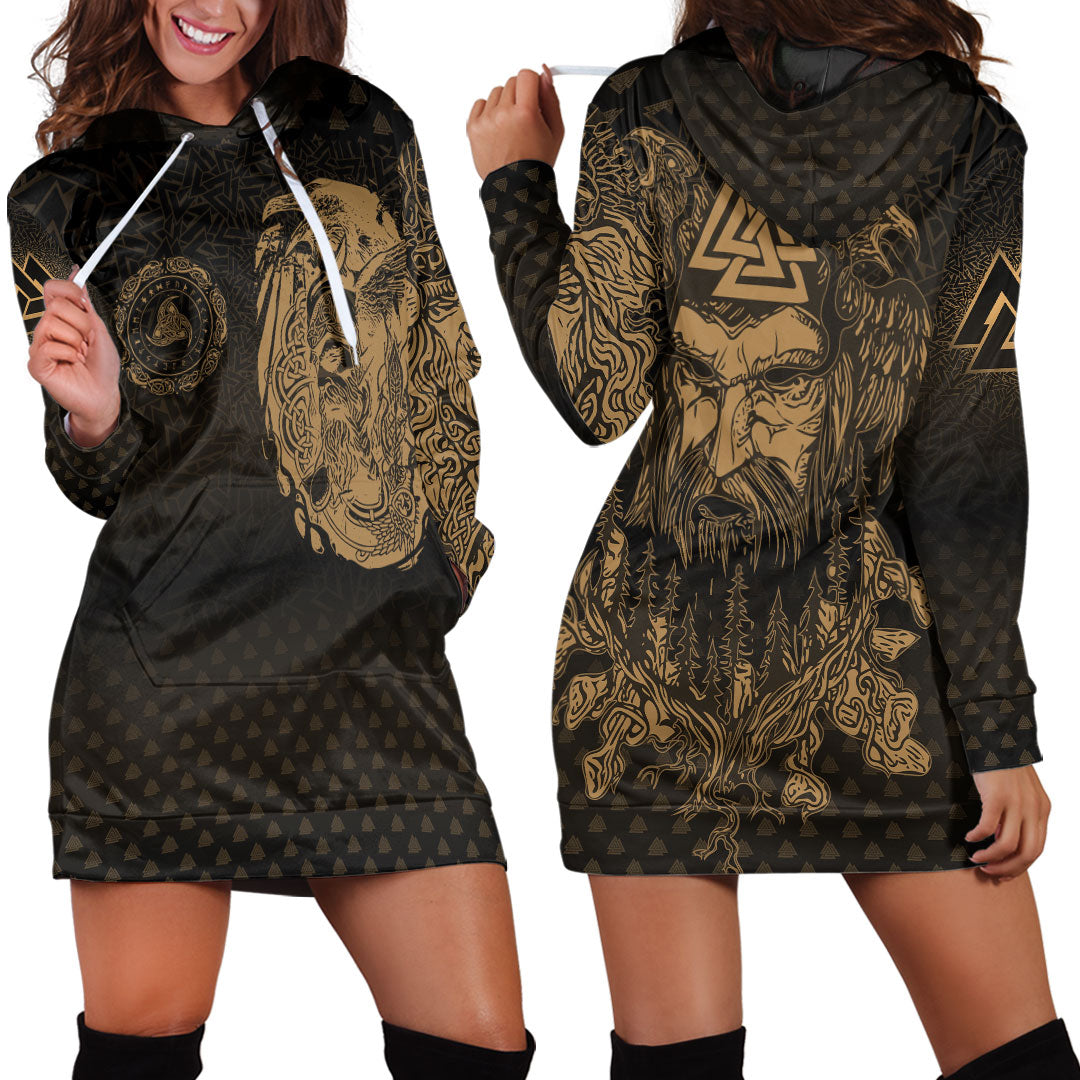 Viking Clothing Viking Odin Raven Tattoo Style Gold Version Hoodie Dress RLT12 - Wonder Print Shop