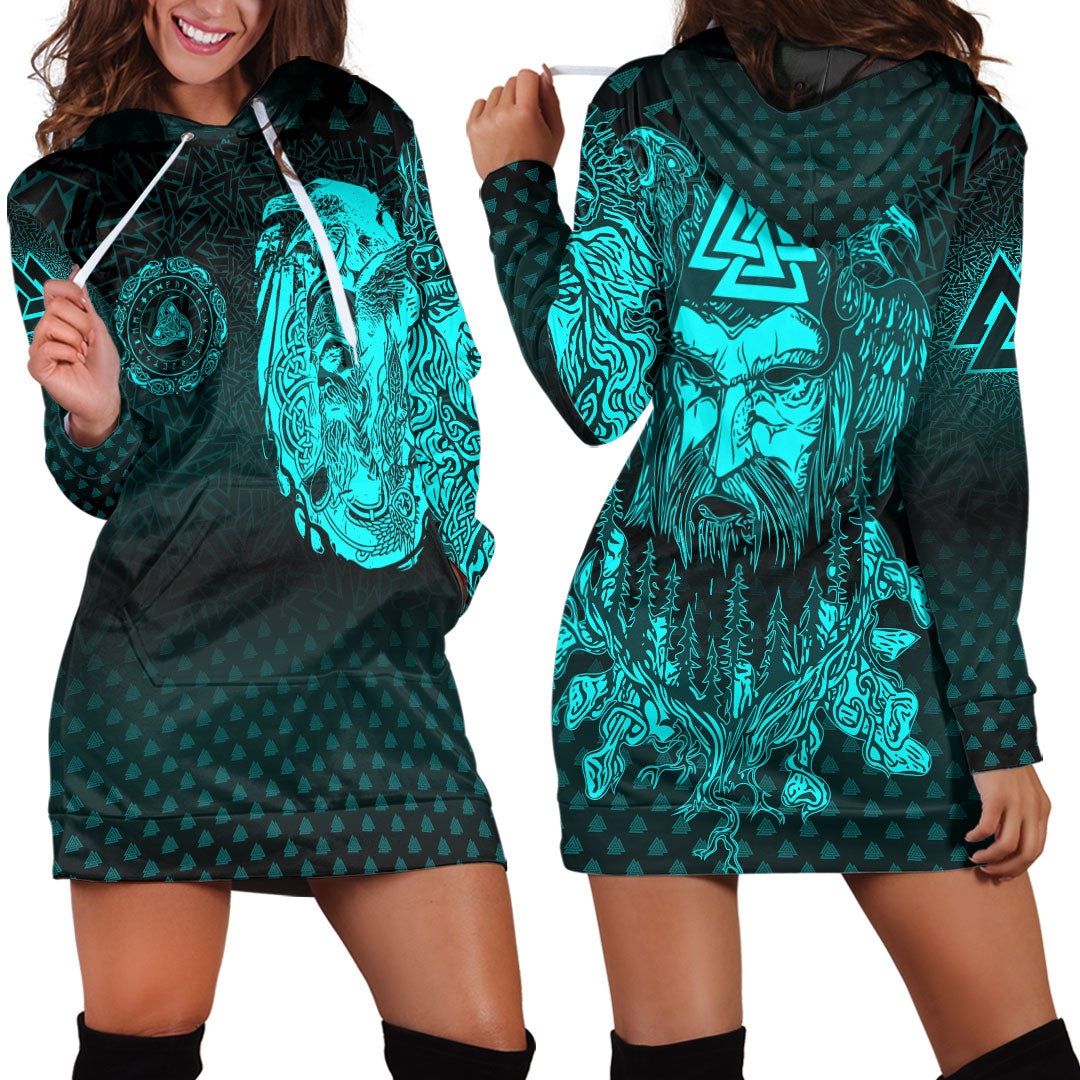 Viking Clothing Viking Odin Raven Tattoo Style Cyan Version Hoodie Dress RLT12 - Wonder Print Shop