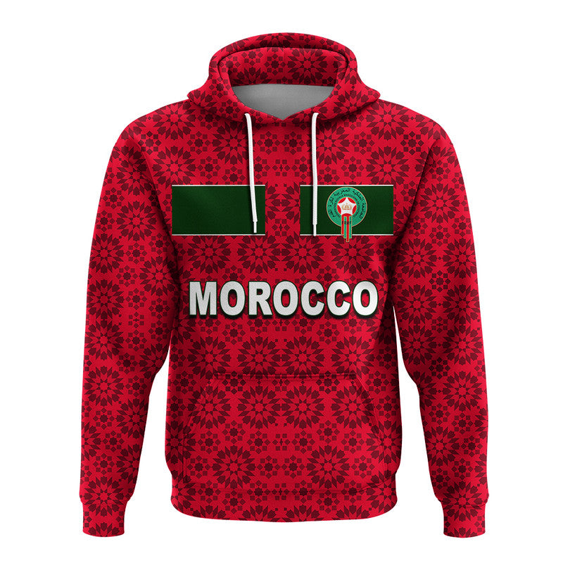 Red pullover hoodie with patterned fabric, hood drawstrings, and Morocco chest graphic.