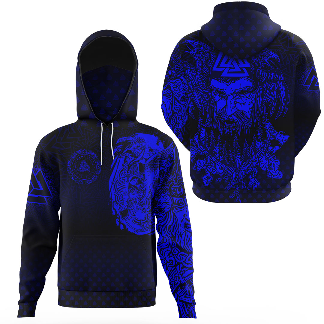 Viking Clothing Viking Odin Raven Tattoo Style Blue Version Gaiter Hoodie RLT12 - Wonder Print Shop