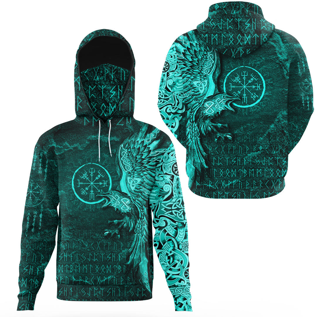 Viking Clothing Vegvisir With Raven Viking Compass Gaiter Hoodie Cyan Version RLT12 - Wonder Print Shop