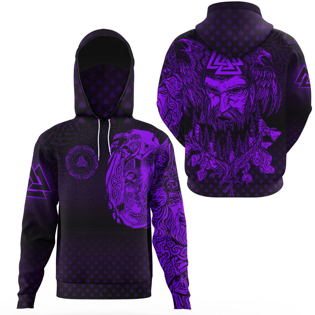 Viking Clothing Viking Odin Raven Tattoo Style Purple Version Gaiter Hoodie RLT12 - Wonder Print Shop