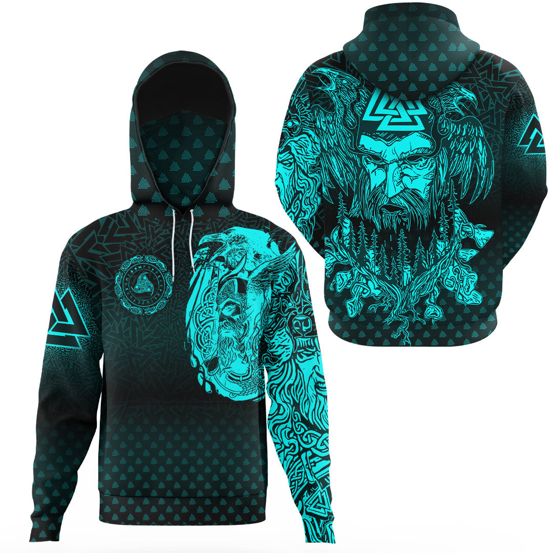 Viking Clothing Viking Odin Raven Tattoo Style Cyan Version Gaiter Hoodie RLT12 - Wonder Print Shop