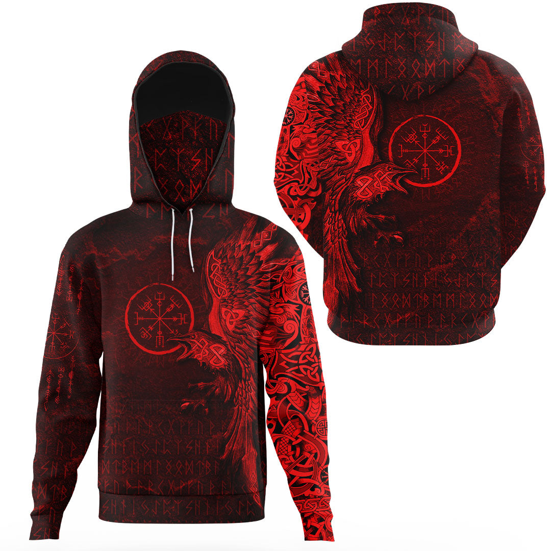 Viking Clothing Vegvisir With Raven Viking Compass Gaiter Hoodie Red Version RLT12 - Wonder Print Shop