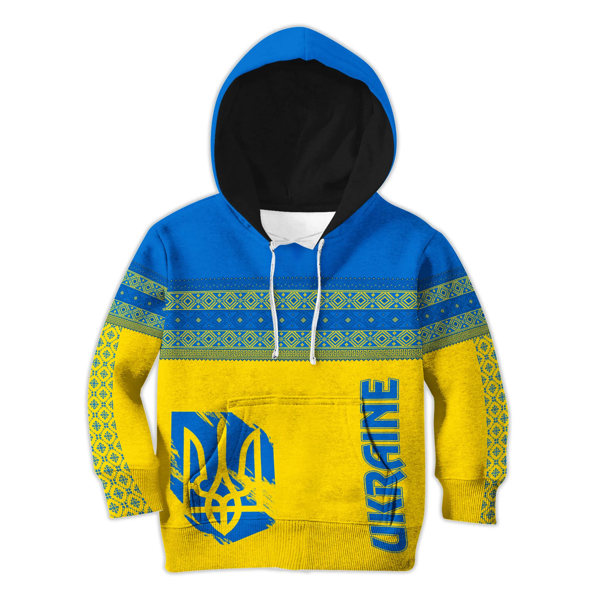 Kids zip hoodie, blue and yellow with green geometric trim and front graphic, hood
