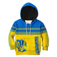 Kids zip hoodie, blue and yellow with green geometric trim and front graphic, hood