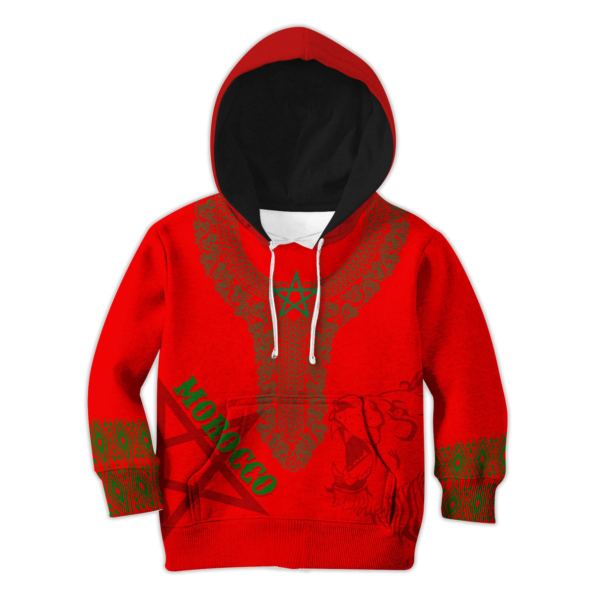 Red kids pullover hoodie with black hood, green Morocco graphic, patterned cuffs