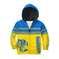 Kids zip hoodie front view, blue and yellow with green trim, zipper, large Unity graphic