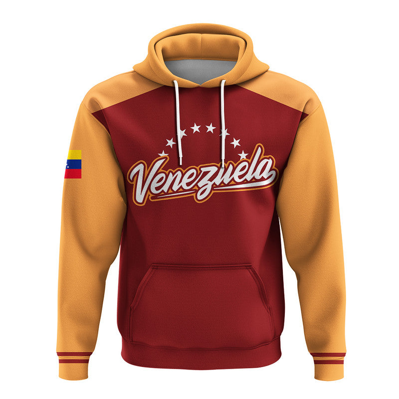 Tan and burgundy pullover hoodie with Venezuela logo graphic and kangaroo pocket.