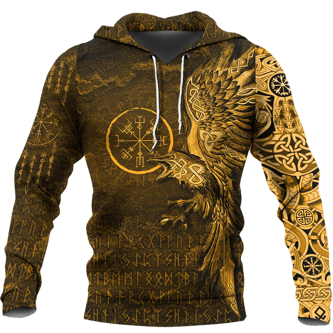 Viking Hoodie Vegvisir With Raven Viking Compass Gold Version Warship Hoodie RLT12 - Wonder Print Shop