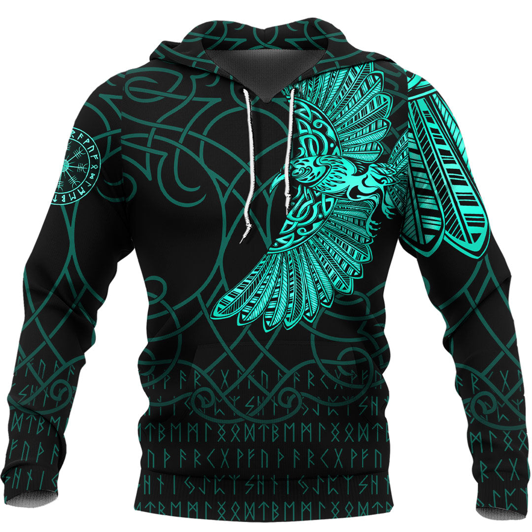 Viking Hoodie Viking Odins Raven Tattoo Cyan Version Hoodie RLT12 - Wonder Print Shop