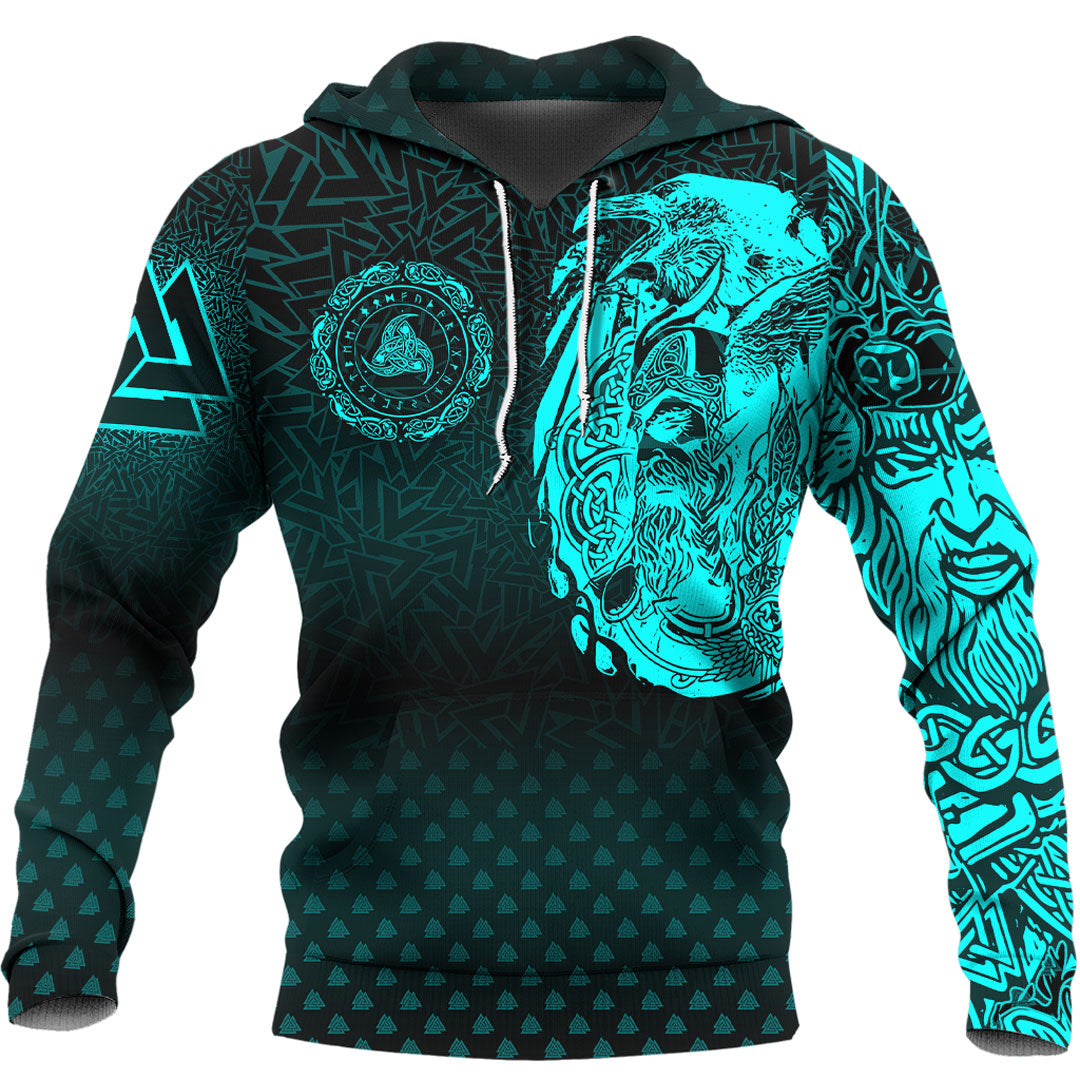 Viking Hoodie Viking Odin Raven Tattoo Style Cyan Version Hoodie RLT12 - Wonder Print Shop