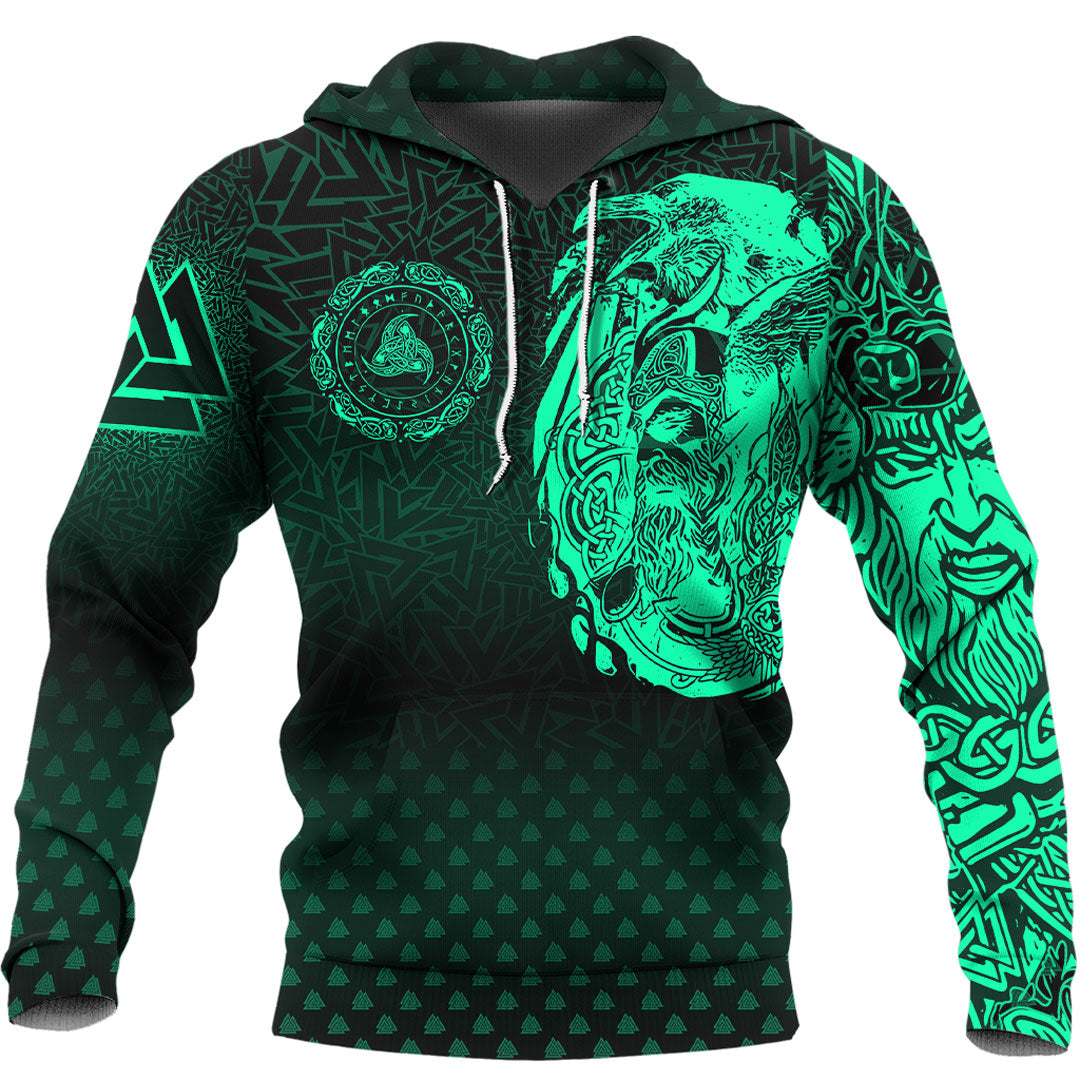 Viking Hoodie Viking Odin Raven Tattoo Style Green Version Hoodie RLT12 - Wonder Print Shop