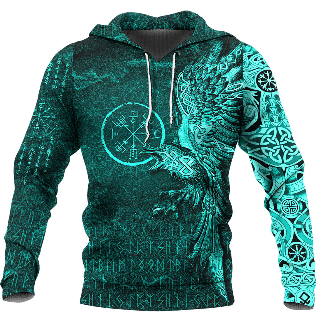 Viking Hoodie Vegvisir With Raven Viking Compass Hoodie Cyan Version RLT12 - Wonder Print Shop