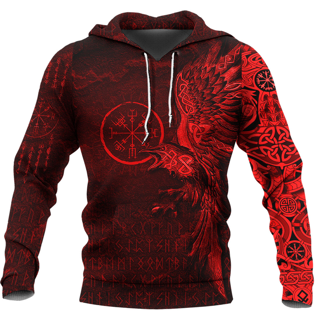 Viking Hoodie Vegvisir With Raven Viking Compass Hoodie Red Version RLT12 - Wonder Print Shop