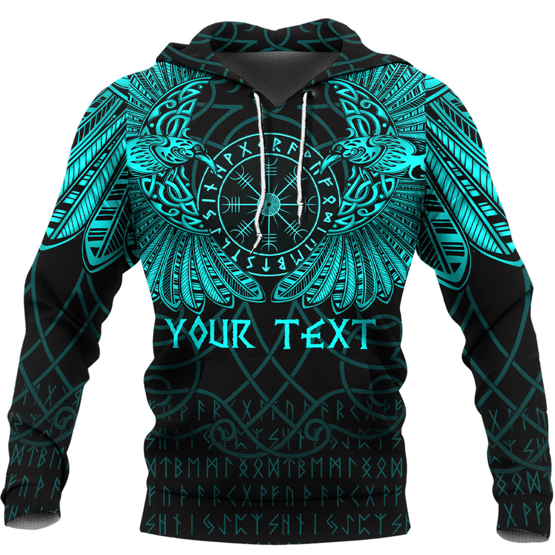 Custom Viking Hoodie Odins Celtic Two Ravens Cyan Version Raven Tattoo RLT12 - Wonder Print Shop