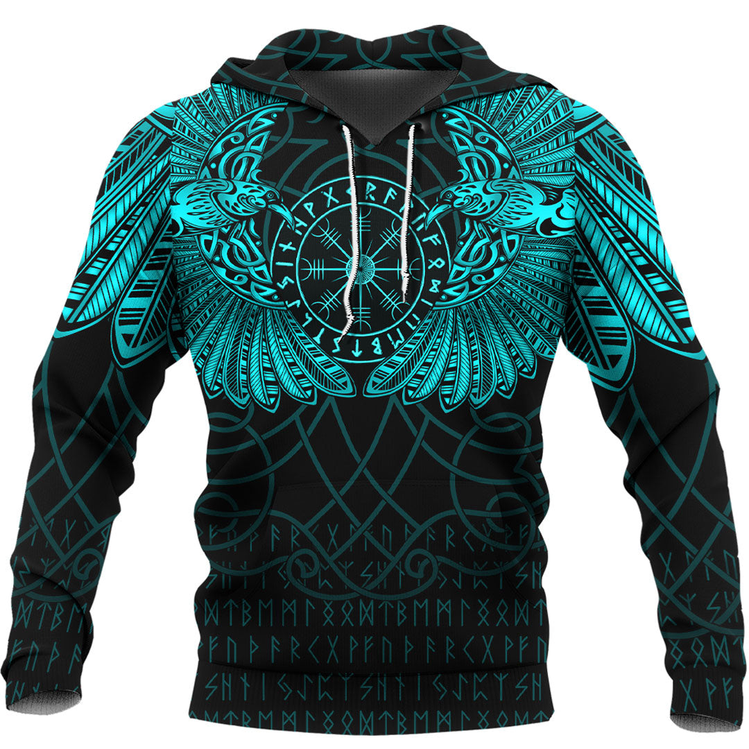 Viking Hoodie Viking Odins Celtic Two Ravens Cyan Version Hoodie RLT12 - Wonder Print Shop