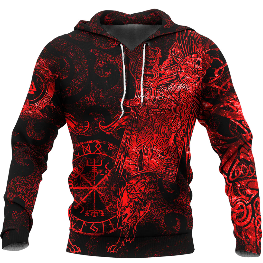 Viking Hoodie Viking Odin Tattoo Red Version Wolf Hoodie RLT12 - Wonder Print Shop