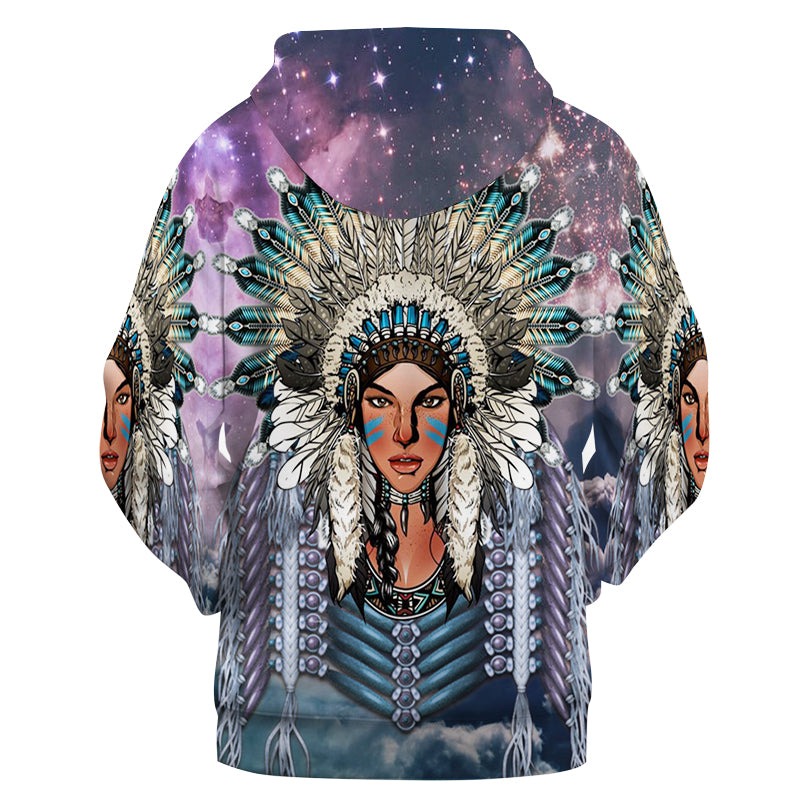 Girls galaxy 3D pullover hoodie, multicolor back graphic with dreamcatcher-style feathers, hood up