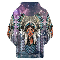 Girls galaxy 3D pullover hoodie, multicolor back graphic with dreamcatcher-style feathers, hood up