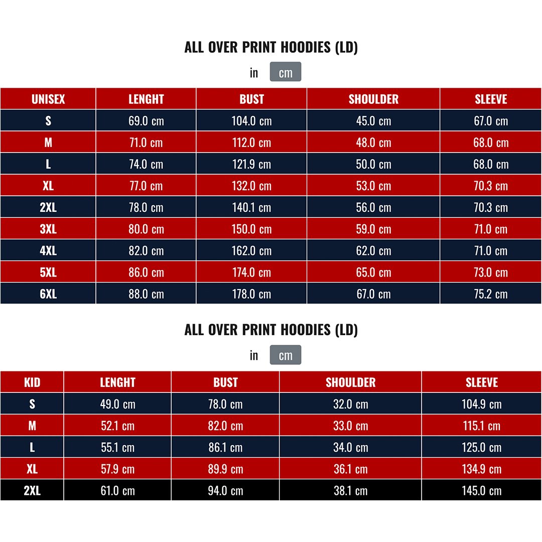 Size chart for all-over print hoodies (LD): unisex measurements in cm