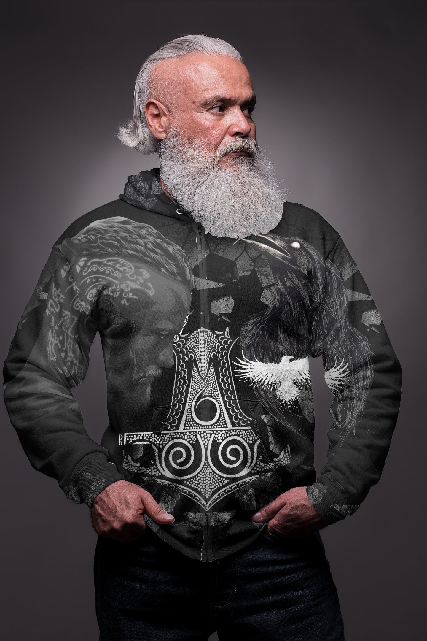 Viking Ragnar and Raven Style Mjolnir Hoodie Zip RLT12 - Wonder Print Shop