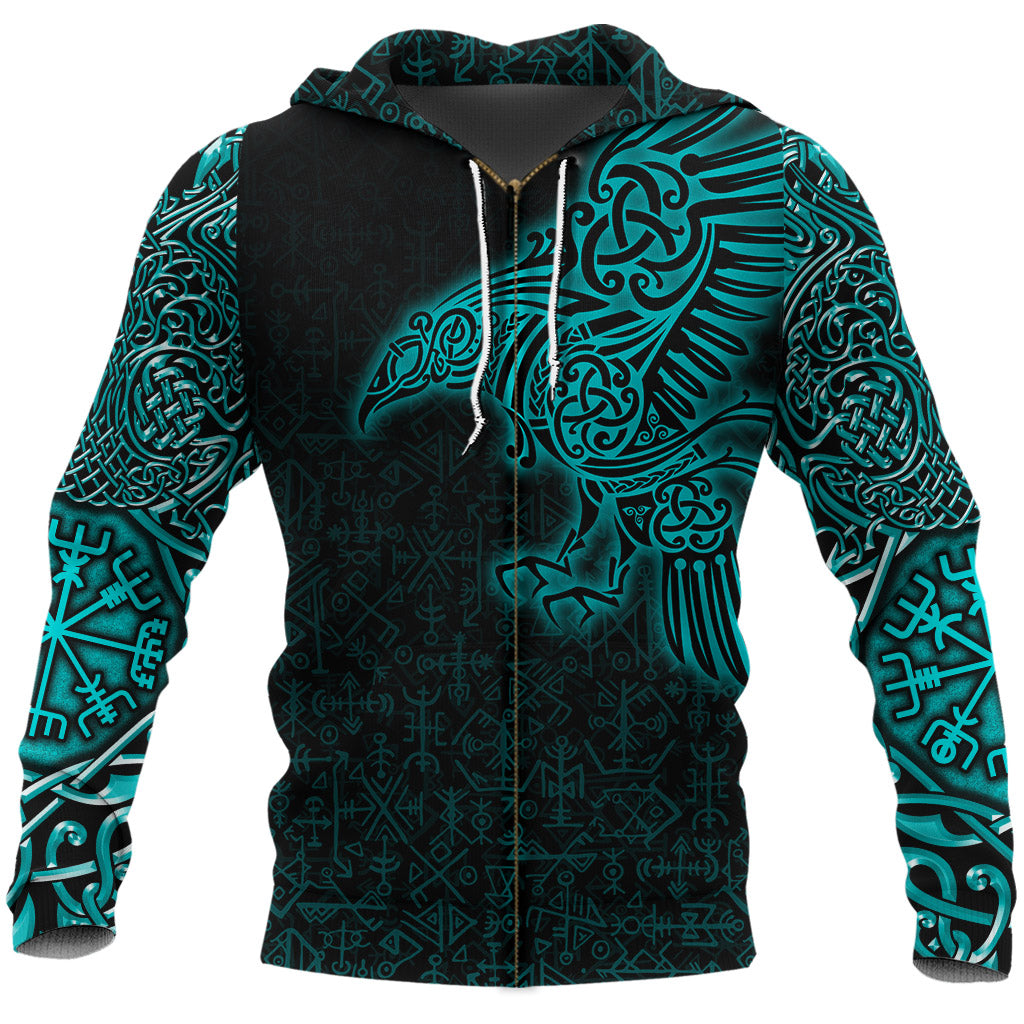 Viking Zip Hoodie Raven Mjolnir Yggdrasil Cyan RLT12 - Wonder Print Shop