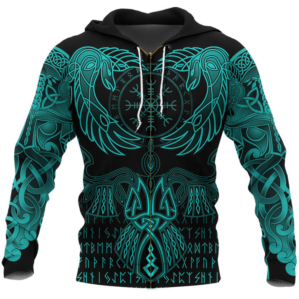 Viking Zip Hoodie Raven Of Odin Cyan RLT12 - Wonder Print Shop