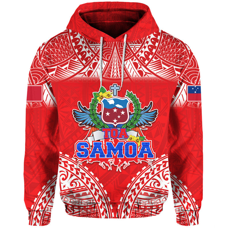 Red hooded sweatshirt with Samoa flag graphic and patterned sleeves