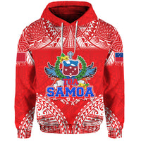 Red hooded sweatshirt with Samoa flag graphic and patterned sleeves