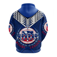 Blue rugby graphic hoodie with hood, large back emblem, red 'Rugby League' text