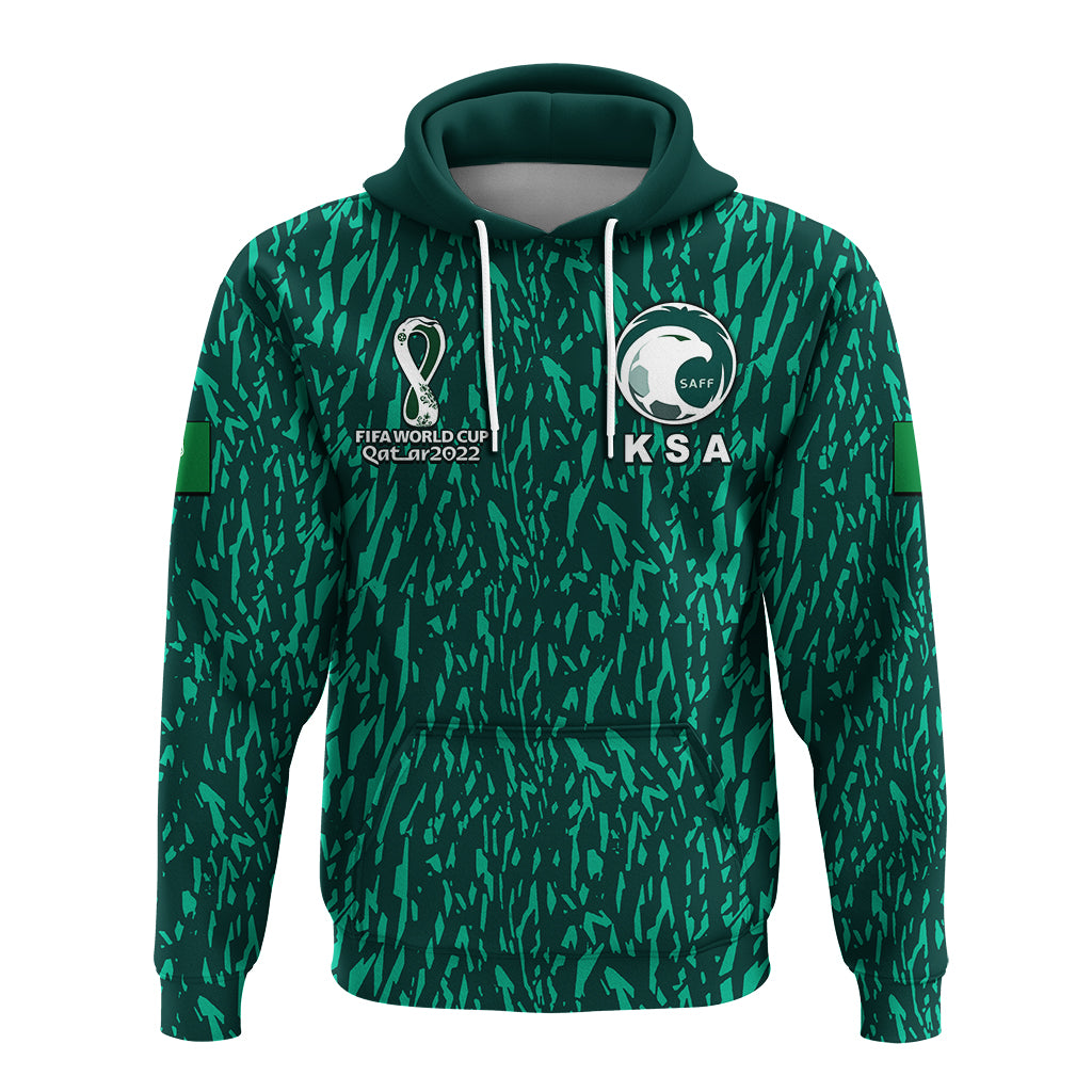 Green soccer hoodie with hood, white drawstrings, front graphic and logos, kangaroo pocket