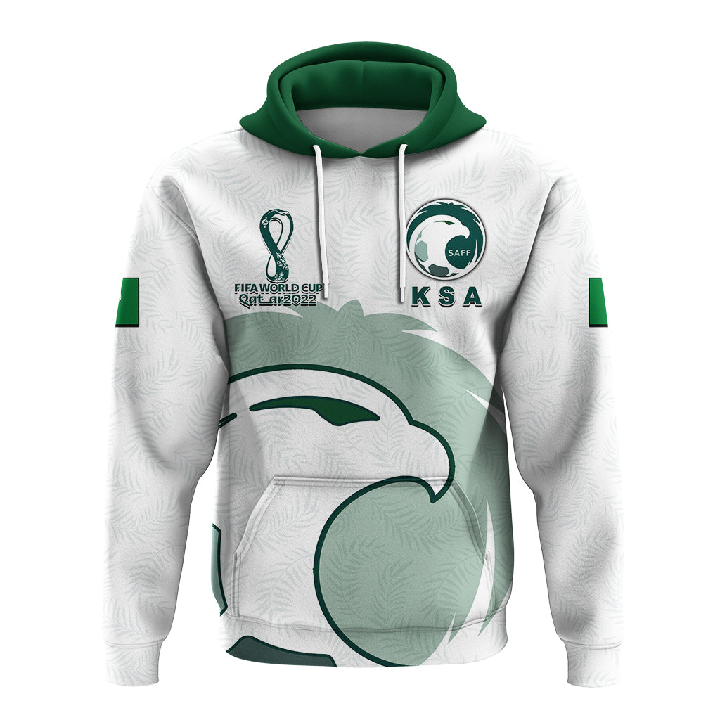 White soccer hoodie with green hood, drawstrings, and front graphic print