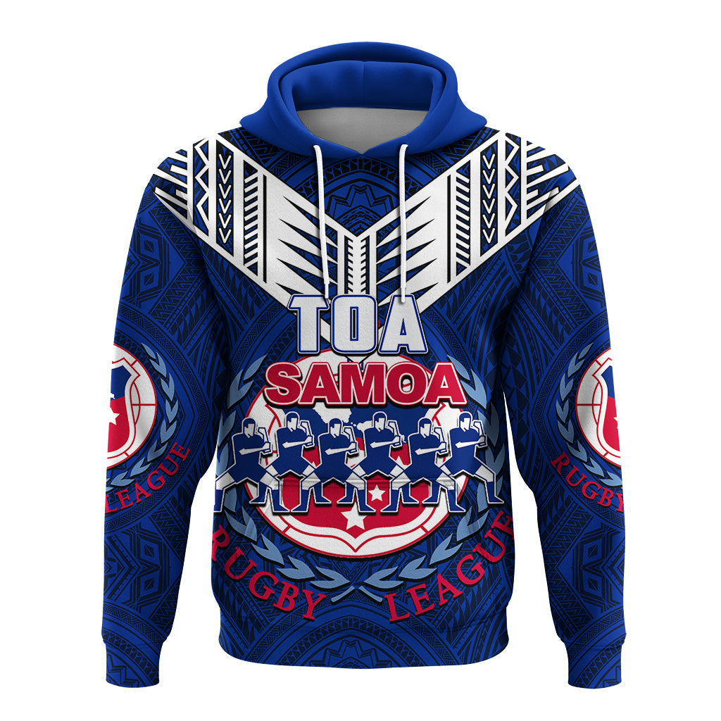 Blue rugby graphic pullover hoodie with hood and white drawstrings, front print and red accents