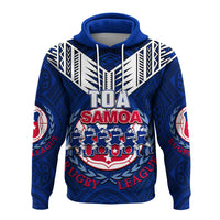Blue rugby graphic pullover hoodie with hood and white drawstrings, front print and red accents