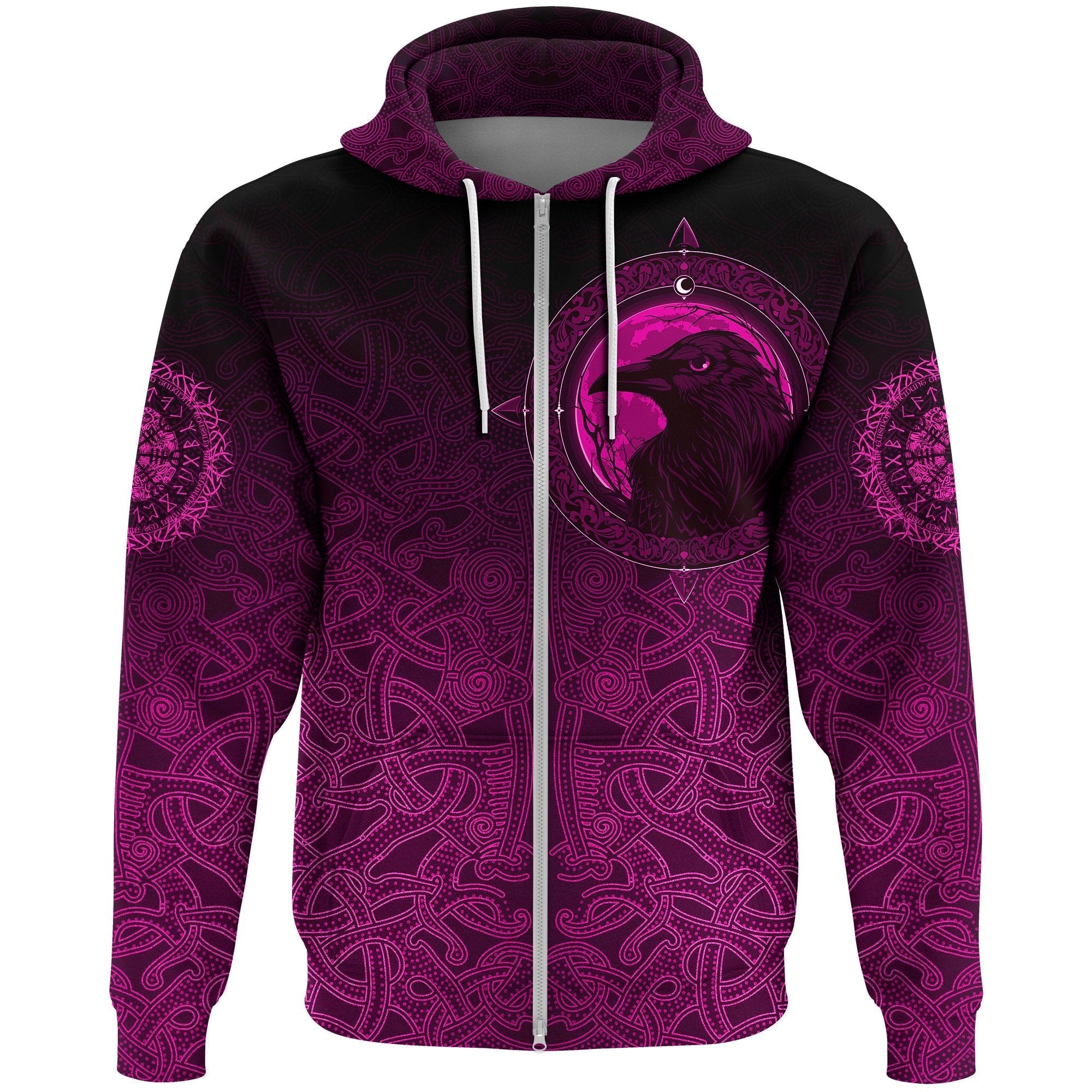 Viking Zip Hoodie, Ethnic Odin Raven Pink RLT12 - Wonder Print Shop