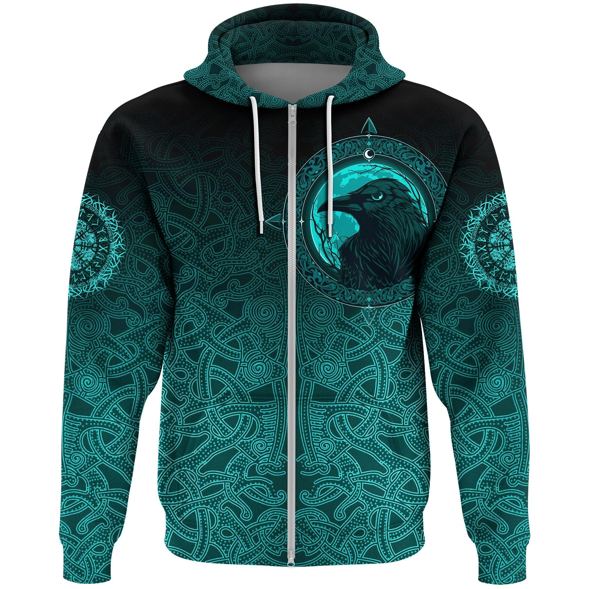 Viking Zip Hoodie, Ethnic Odin Raven Cyan RLT12 - Wonder Print Shop