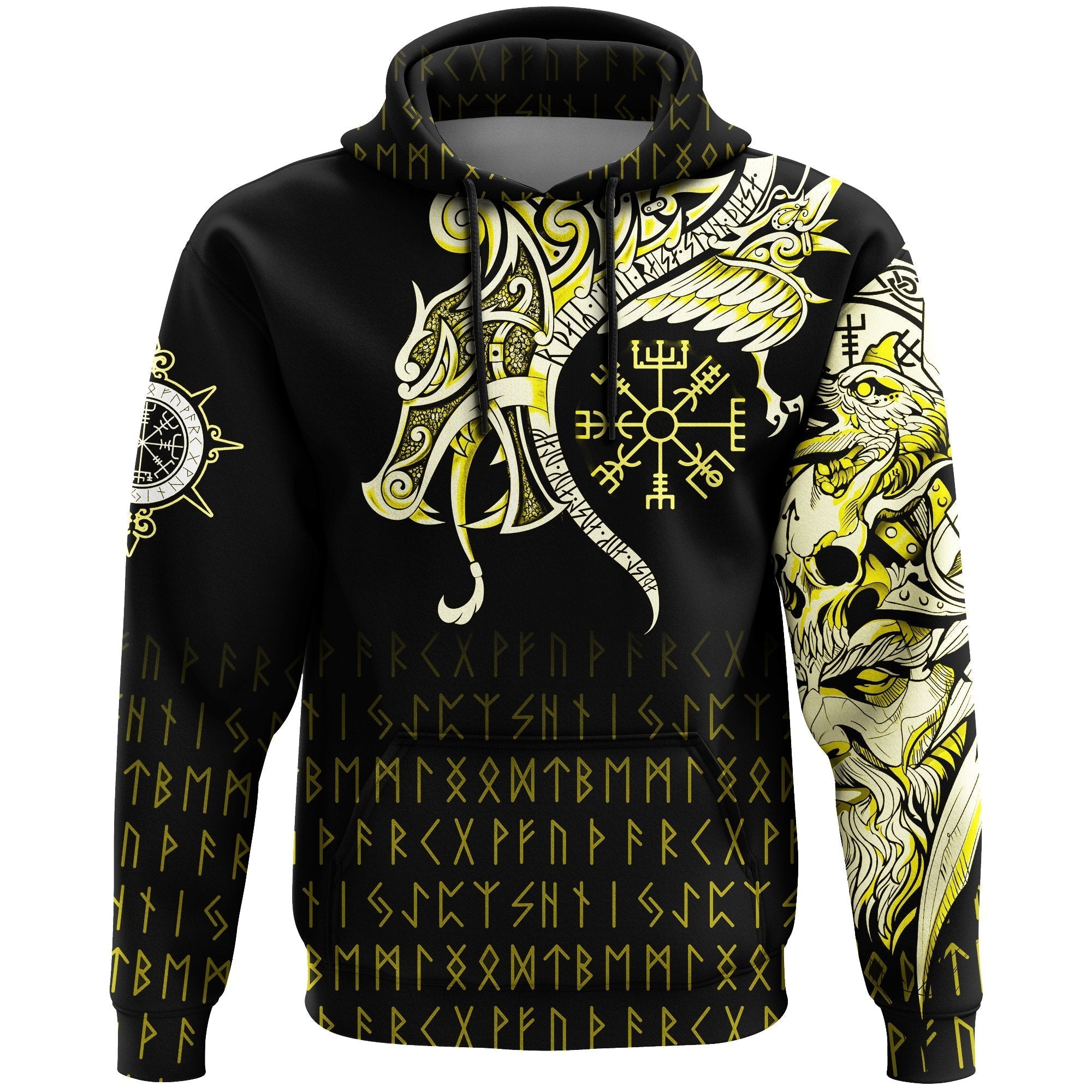 Viking Hoodie, Fenrir Raven and Vegvisir Tattoo Yellow RLT12 - Wonder Print Shop