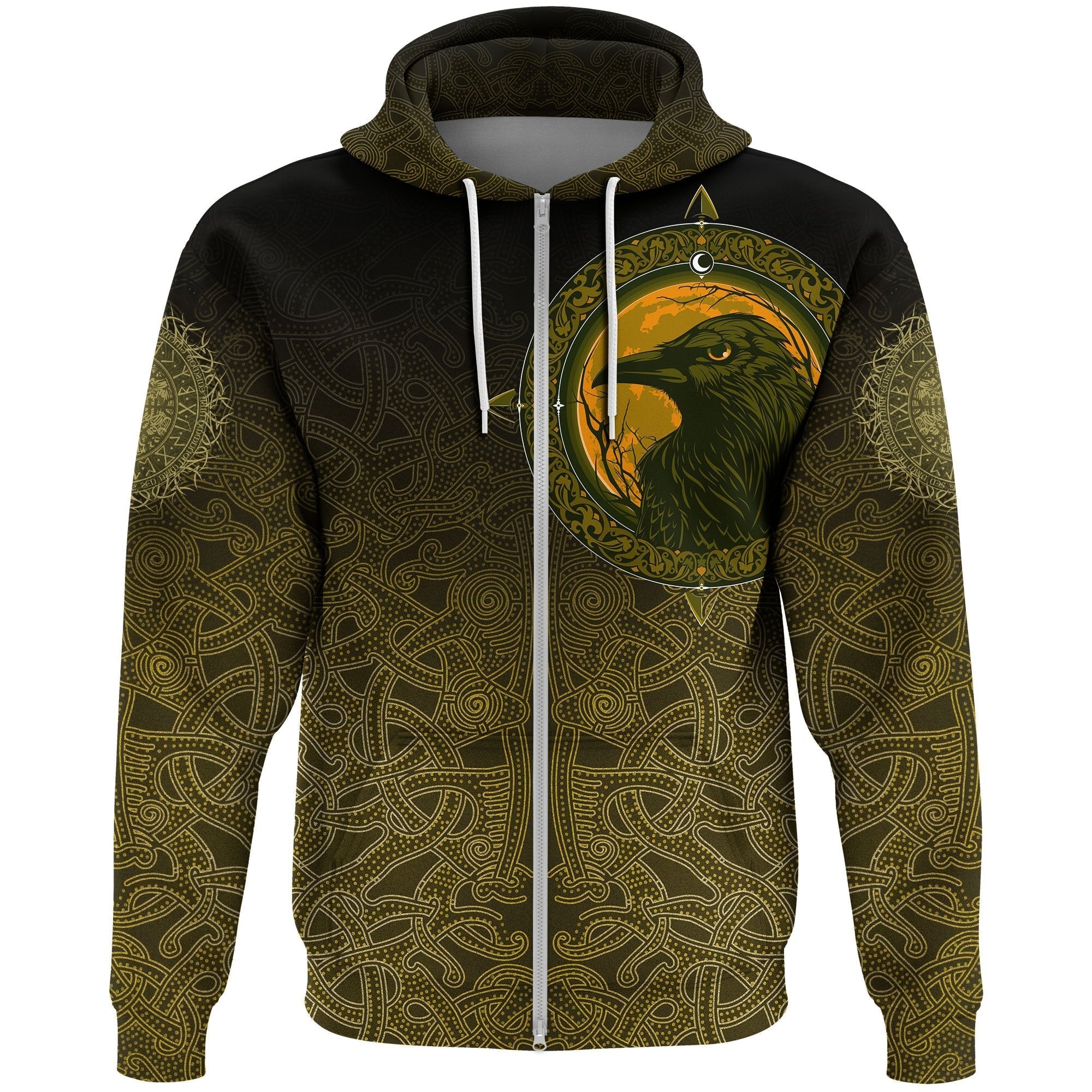 Viking Zip Hoodie, Ethnic Odin Raven Gold RLT12 - Wonder Print Shop