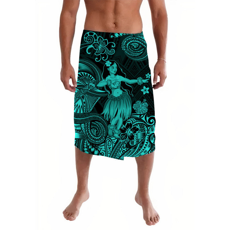 Turquoise and dark patterned lavalava sarong with hula girl and floral designs