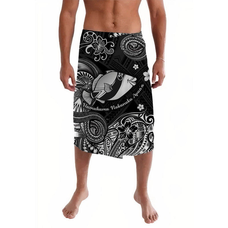 Black Polynesian lavalava sarong with white fish and floral graphic, knee-length