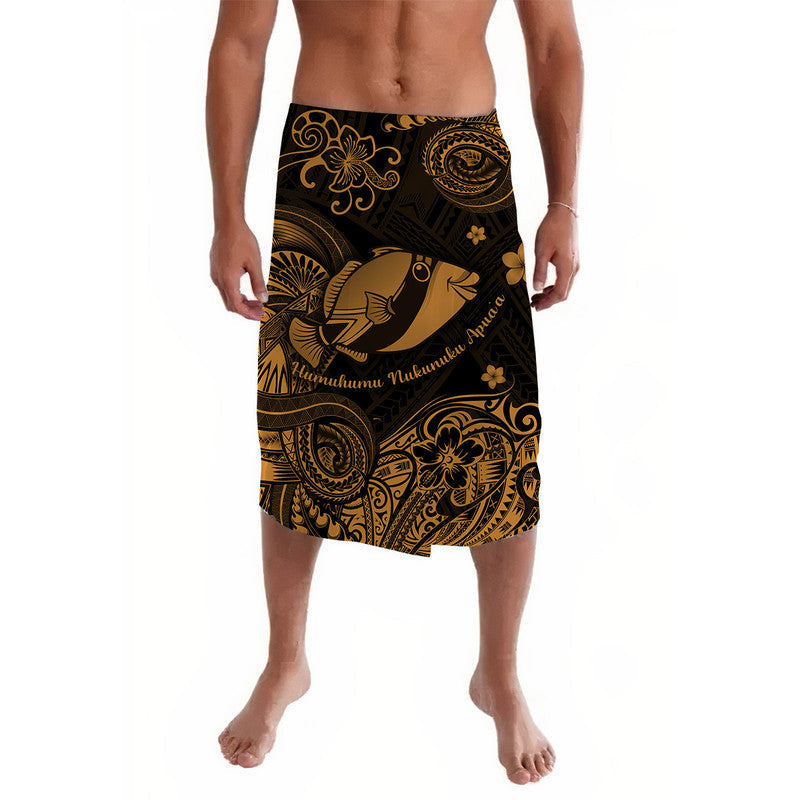 Gold and black Polynesian fish print lavalava skirt with allover scroll design