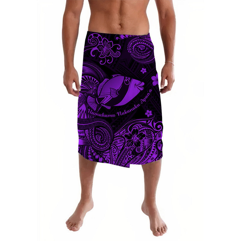 Purple Polynesian print sarong wrap skirt with fish and floral motifs