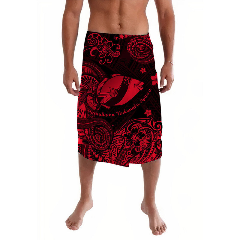 Red and black Polynesian fish print lavalava wrap skirt with elastic waistband