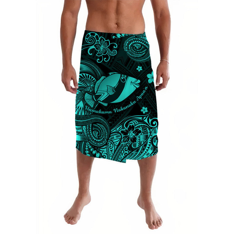 Turquoise Polynesian-style sarong skirt with fish and floral prints, elastic waistband