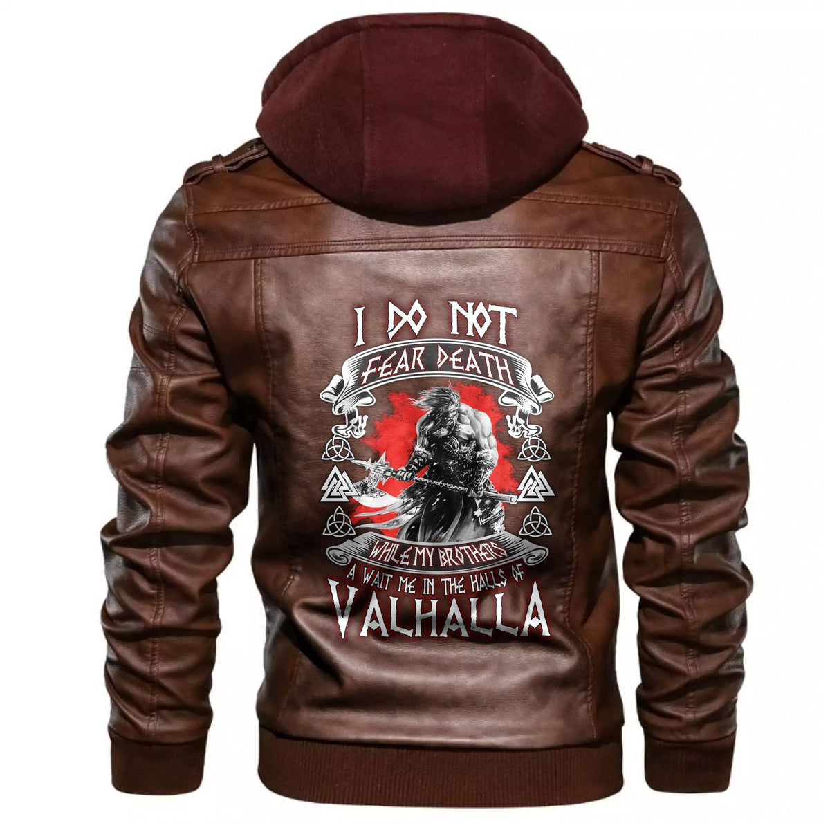 Brown leather jacket hoodie with Viking back graphic and red “Valhalla” lettering