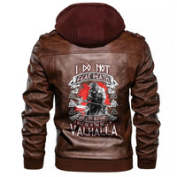 Brown leather jacket hoodie with Viking back graphic and red “Valhalla” lettering